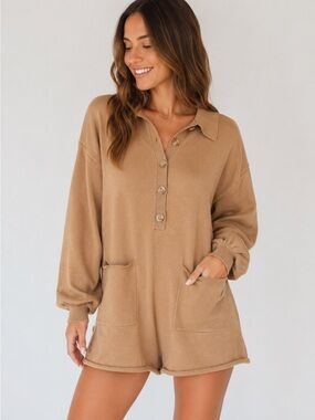 Show Me Your Mumu Gianni Romper Camel Knit Collared Lounge Romper Medium